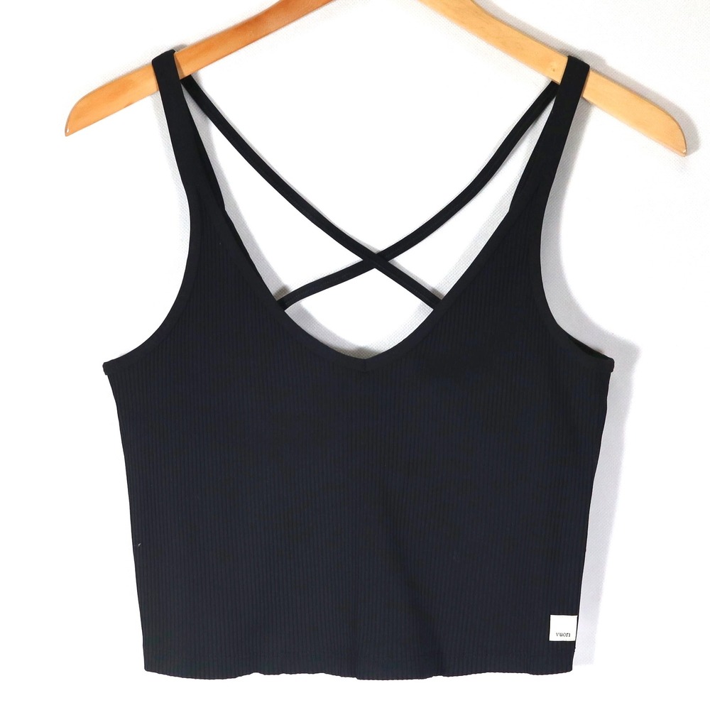 Vuori Tank Top Women Black Ribbed Crisscross Back Crop Yoga Gym Activewear